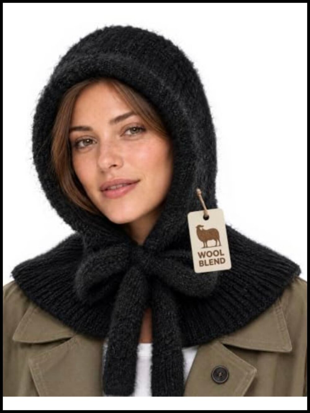 Wool Knit Balaclava Hooded Scarf Button Drawstring Winter Hat
